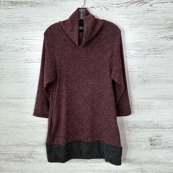 NWT FIGWOOD Cozy Turtleneck Cowl Neck Fuzzy Tunic Sweater Mini Dress Burgundy - Picture 1 of 7